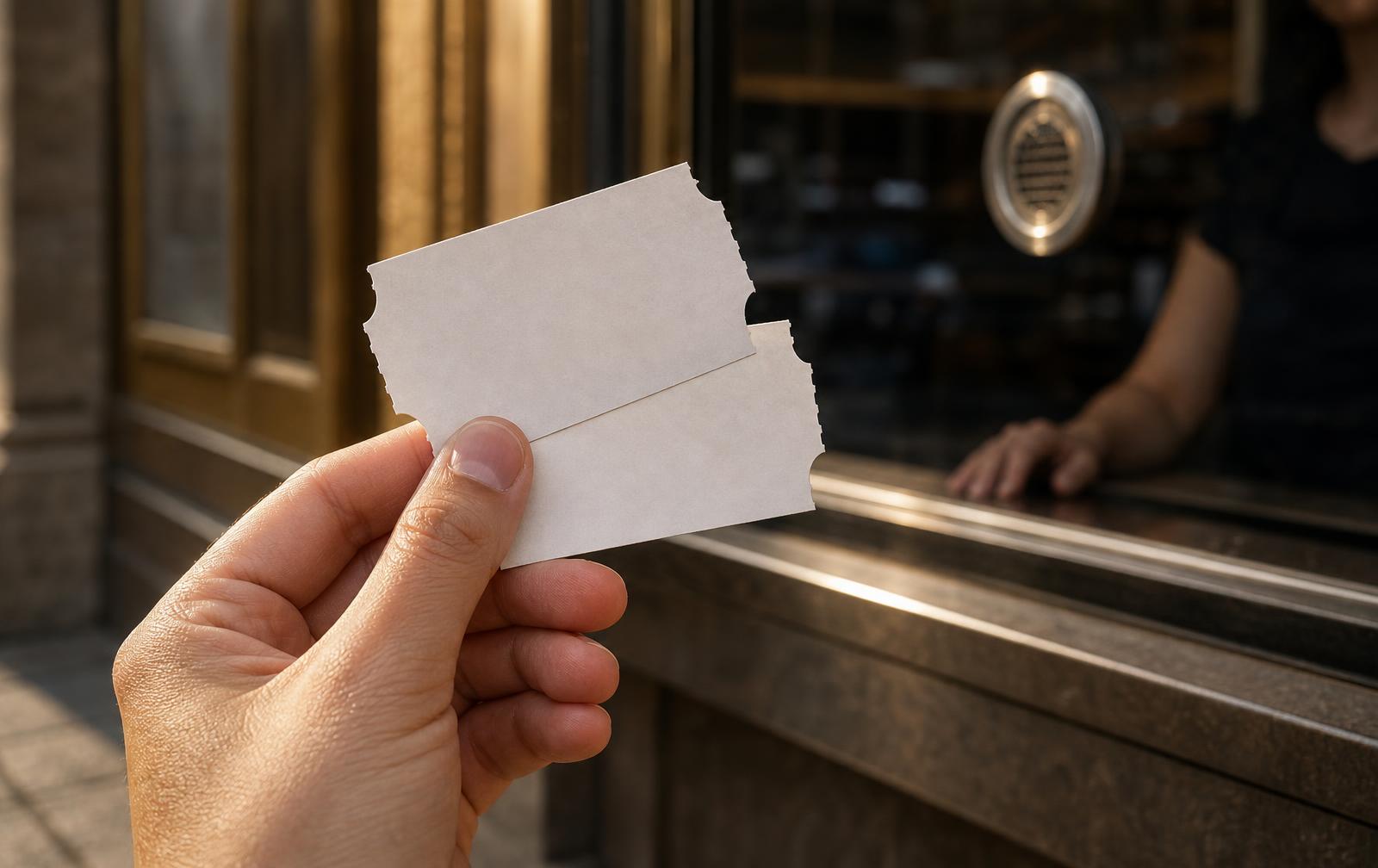 Hand holding two movie tickets at the box office window of a Sioux Falls movie theatre