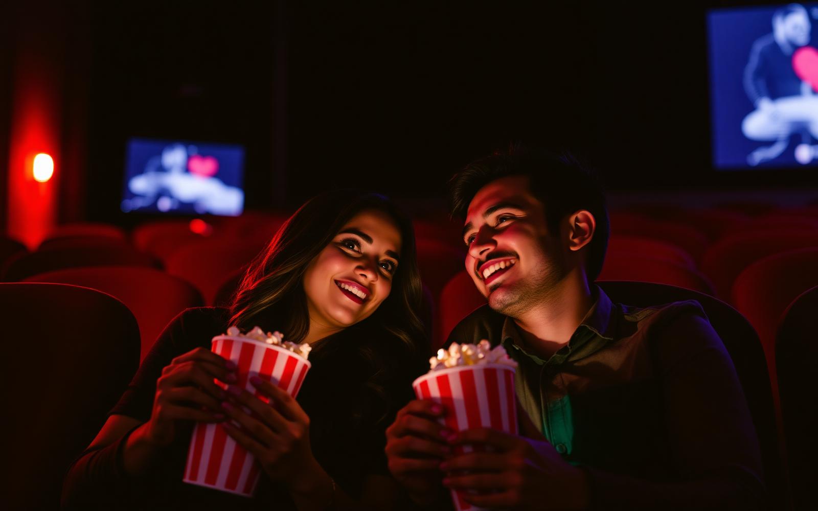 Couple laughing while sharing popcorn during a film at a neighborhood movie theatre