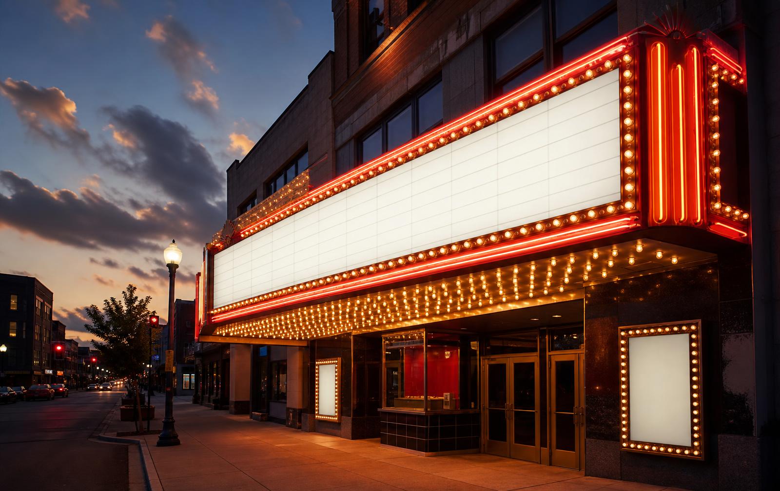 Theatre marquee lit at dusk
