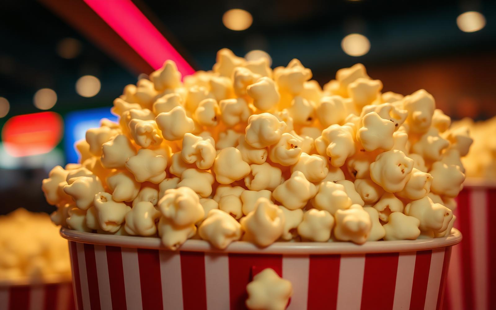 Overflowing tub of fresh buttered movie theatre popcorn under warm concession stand lights