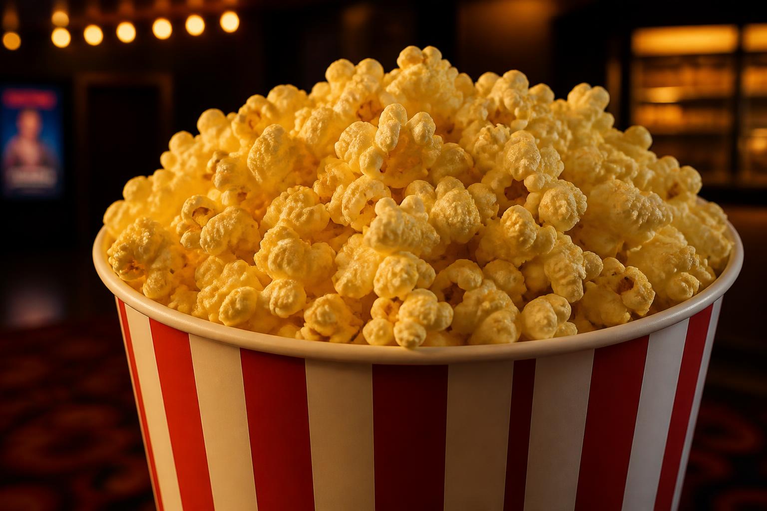 Overflowing tub of fresh buttered popcorn at West Mall 7 Theatres in Sioux Falls