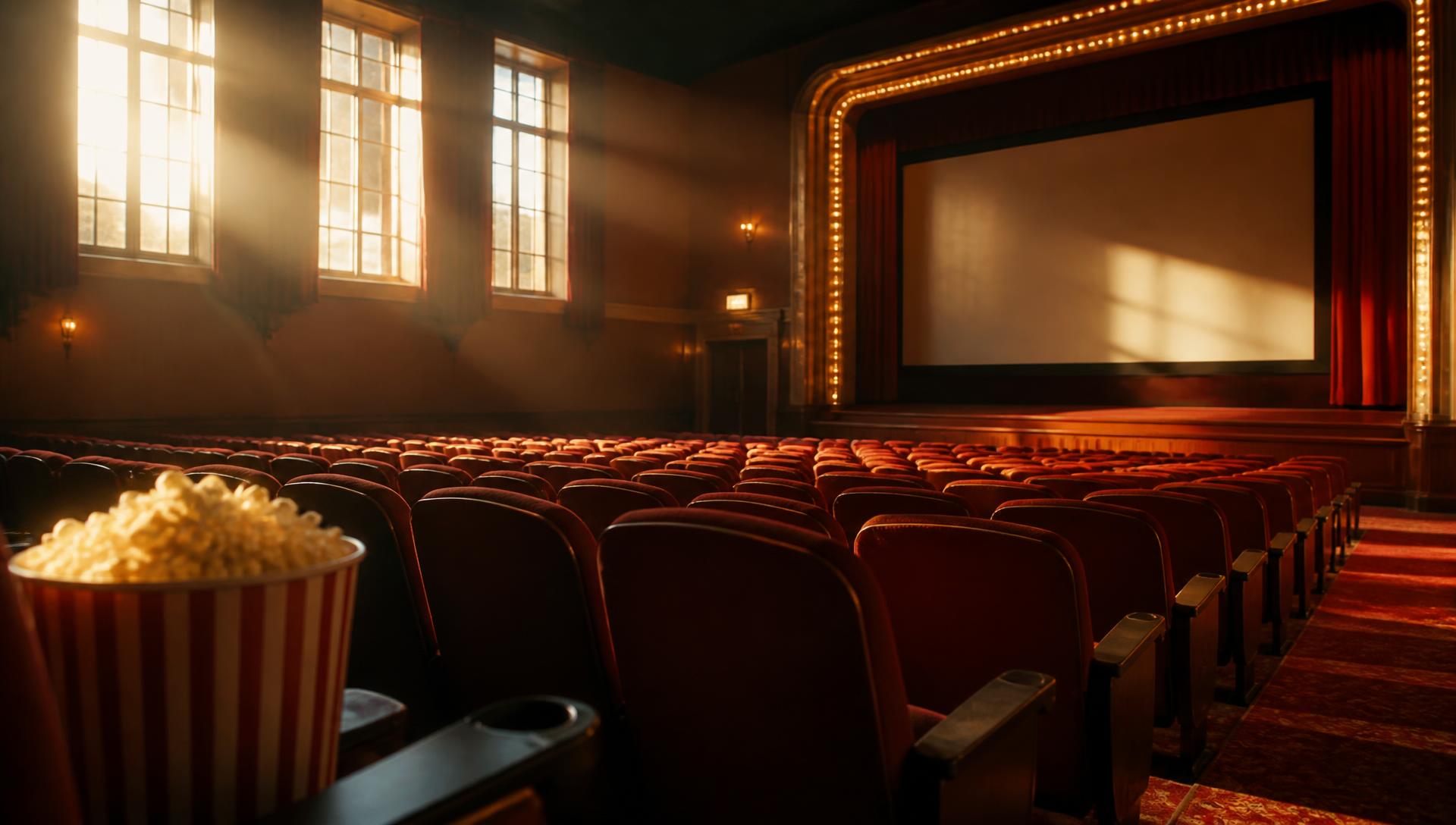 Sunlit West Mall 7 cinema auditorium with red seats and popcorn — $5 matinee movies in Sioux Falls
