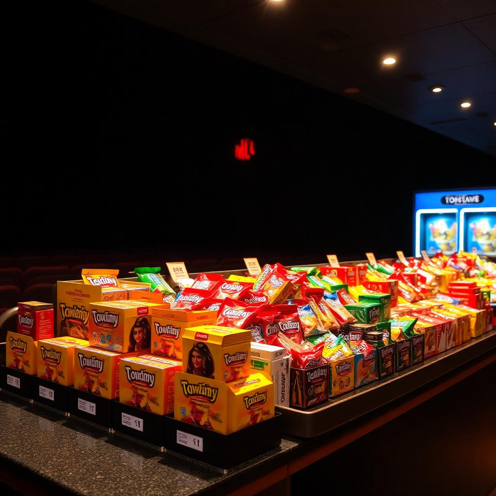 Movie theatre candy counter display at West Mall 7 Theatres in Sioux Falls